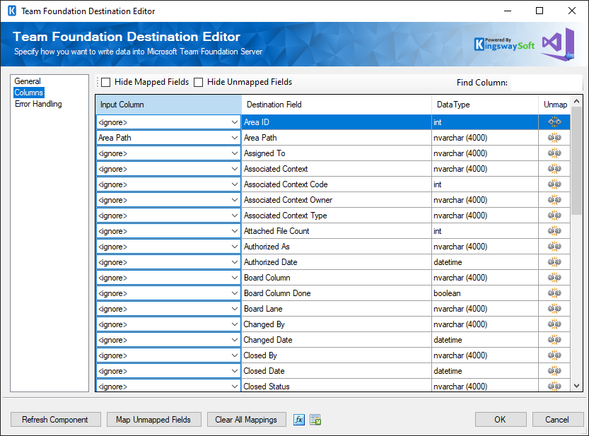 TFS Destination Component - Columns